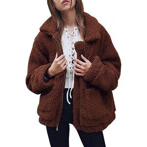 👑Women's Classic Dark Brown Fleece Zipper Oversized Outwear Coat Warm Jacket